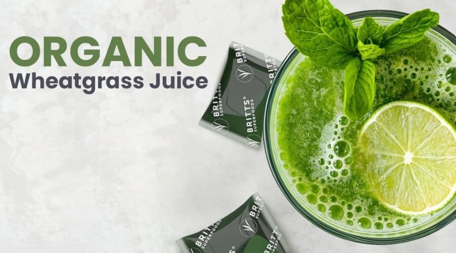 Glass of Britt’s Superfoods Organic Wheatgrass Juice